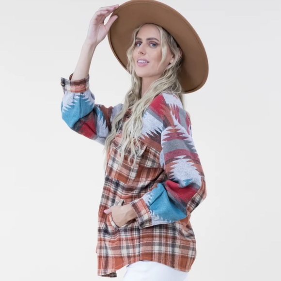 🆕Aztec Shacket Shirt Jacket Plaid Button Down Pockets Sm/Med & Lg/XL Available - Picture 2 of 13